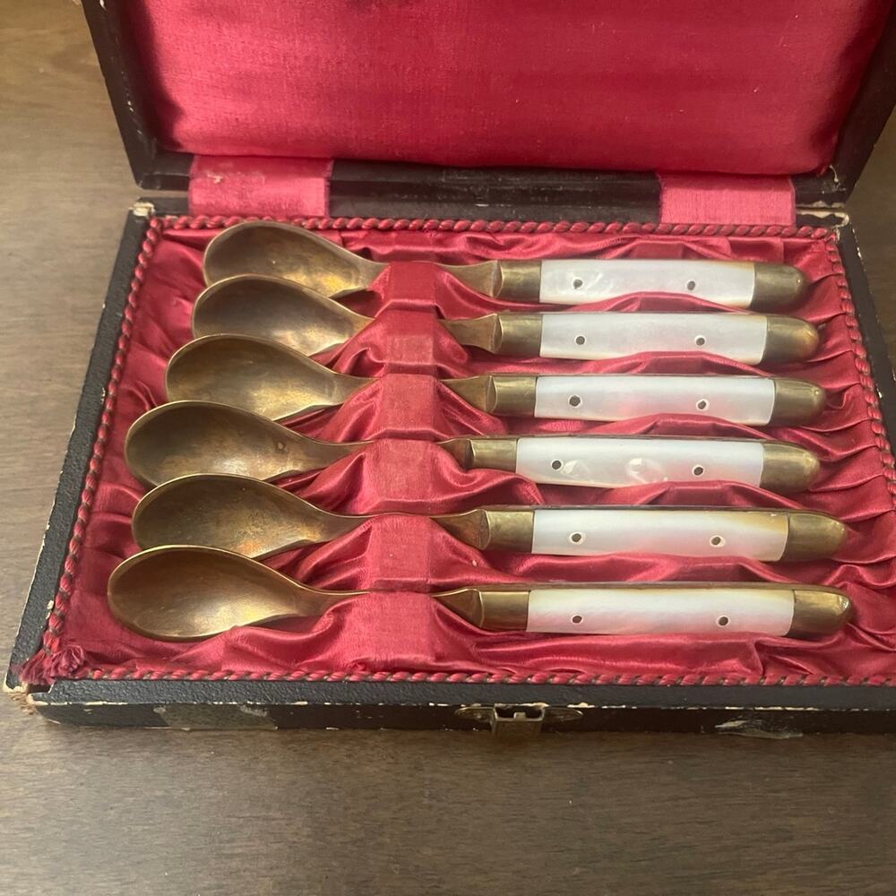 Set of antique spoons 6 brass and mother of pearl spoons